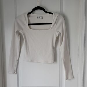 Hollister Ribbed Square-Neck Long Sleeve Top in Off-White